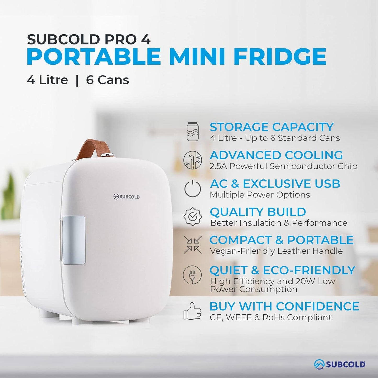 Pro4 Luxury Mini Fridge Cooler | 4 Litre / 6 Cans | AC and Exclusive USB Power Option | Portable Small Fridge for the Office, Bedroom, Car, Travel, Skincare & Cosmetics (White)