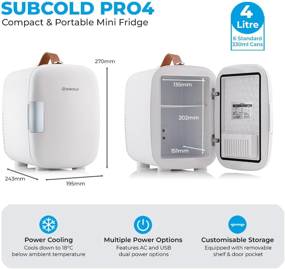 Pro4 Luxury Mini Fridge Cooler | 4 Litre / 6 Cans | AC and Exclusive USB Power Option | Portable Small Fridge for the Office, Bedroom, Car, Travel, Skincare & Cosmetics (White)