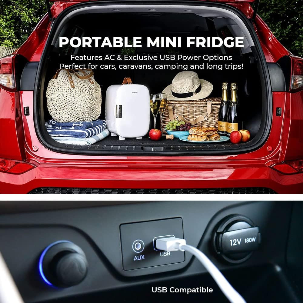 Pro4 Luxury Mini Fridge Cooler | 4 Litre / 6 Cans | AC and Exclusive USB Power Option | Portable Small Fridge for the Office, Bedroom, Car, Travel, Skincare & Cosmetics (White)